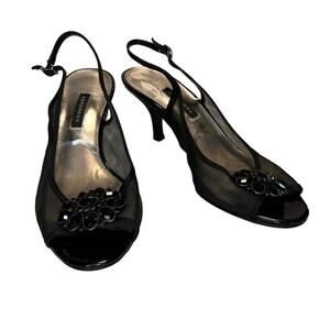 Caparros Black Mesh With Brooch Ornament Open Toe Heels Size 8.5 Slingback